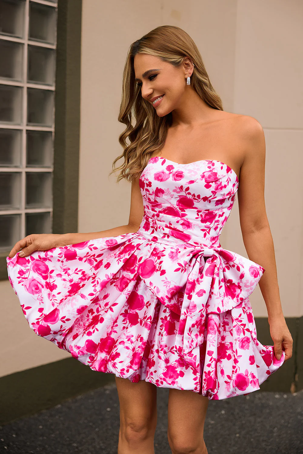 Bustier Fuchsia A Line Floral Robe de cocktail avec noeud - Image 3