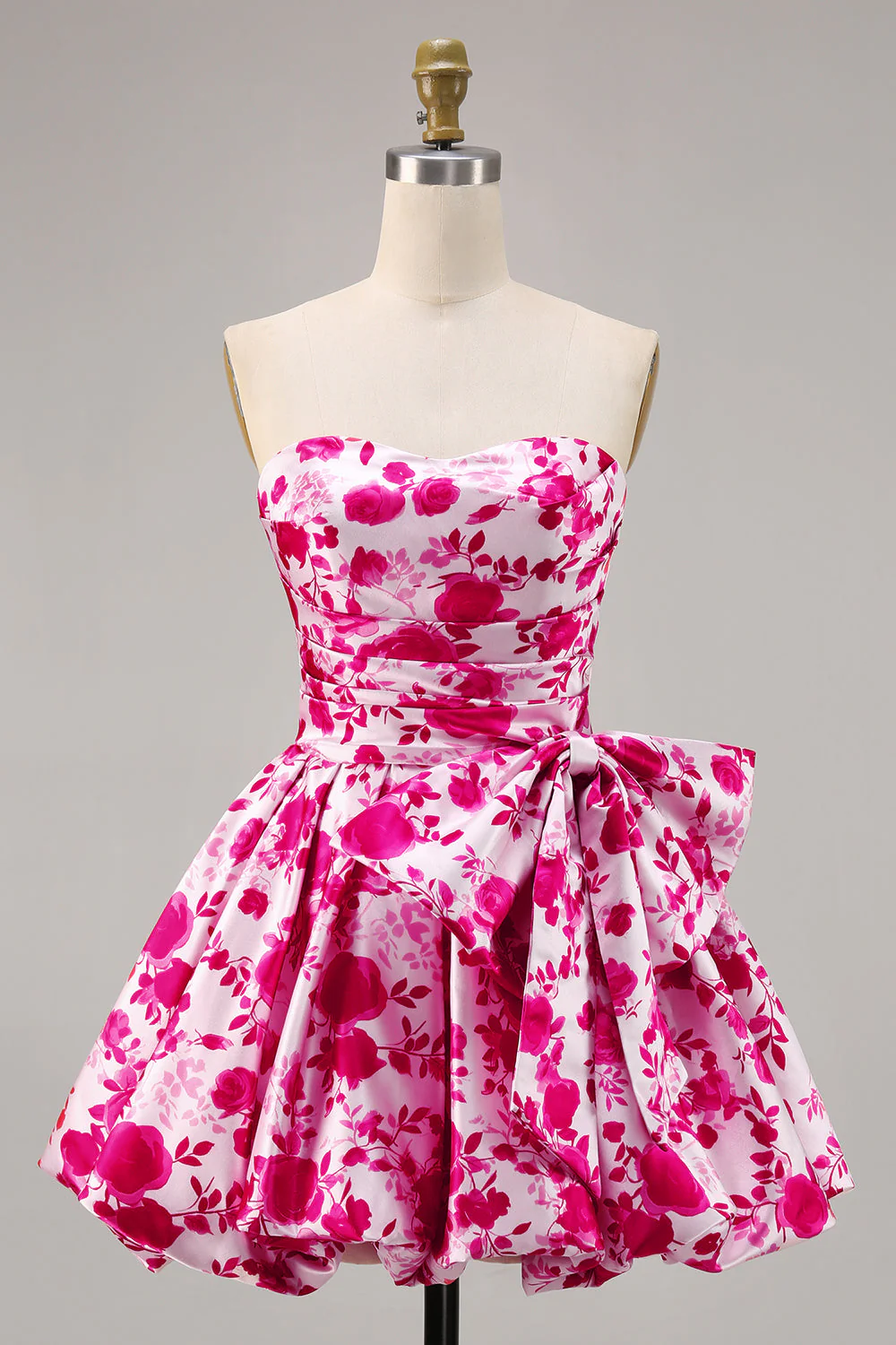 Bustier Fuchsia A Line Floral Robe de cocktail avec noeud - Image 7