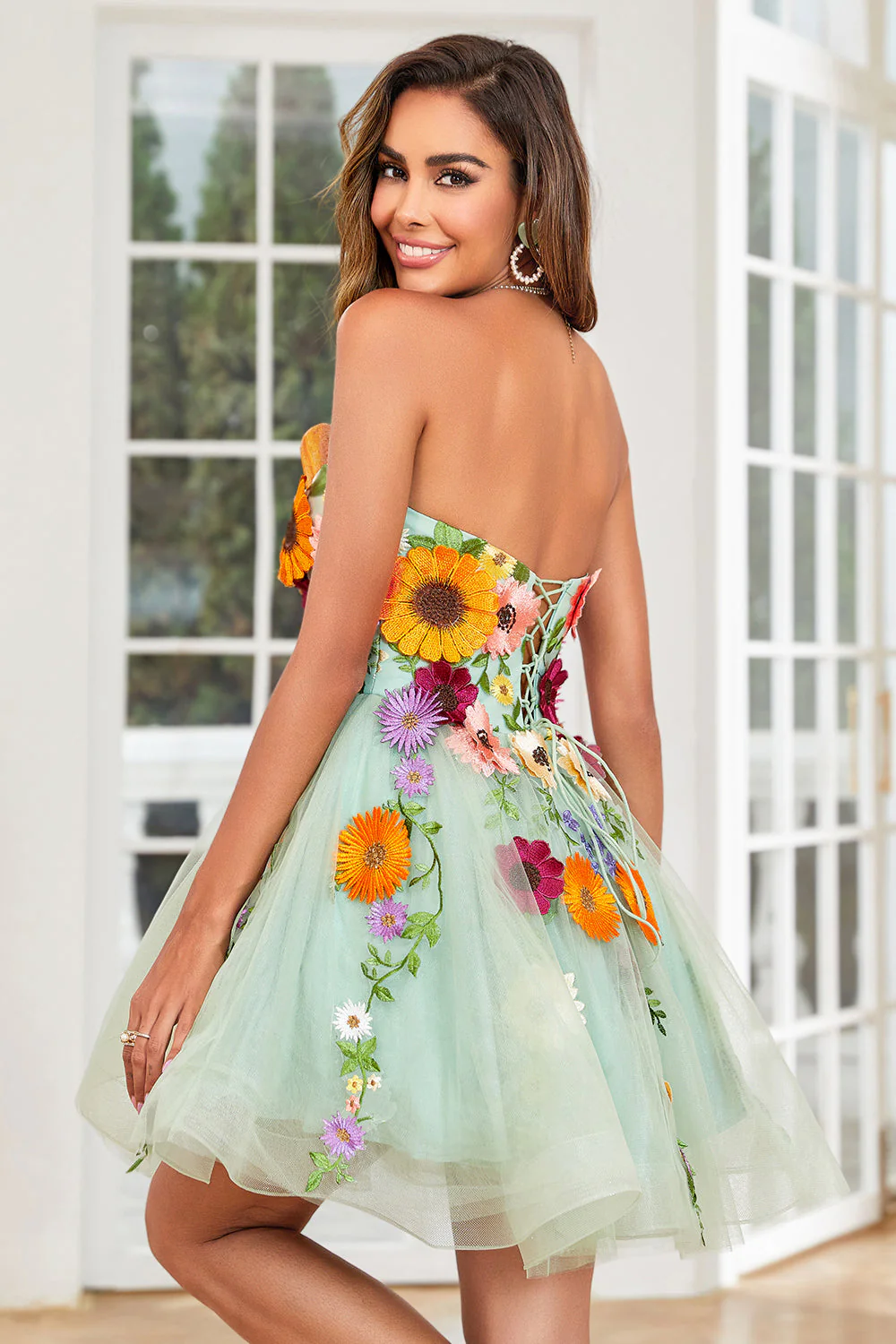 Robe bustier Vert clair Cocktail avec fleurs 3D - Image 2