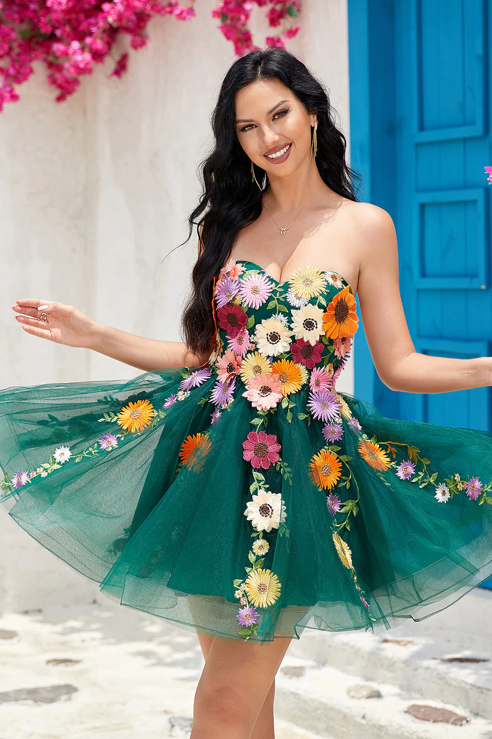 Robe bustier Vert clair Cocktail avec fleurs 3D - Image 9