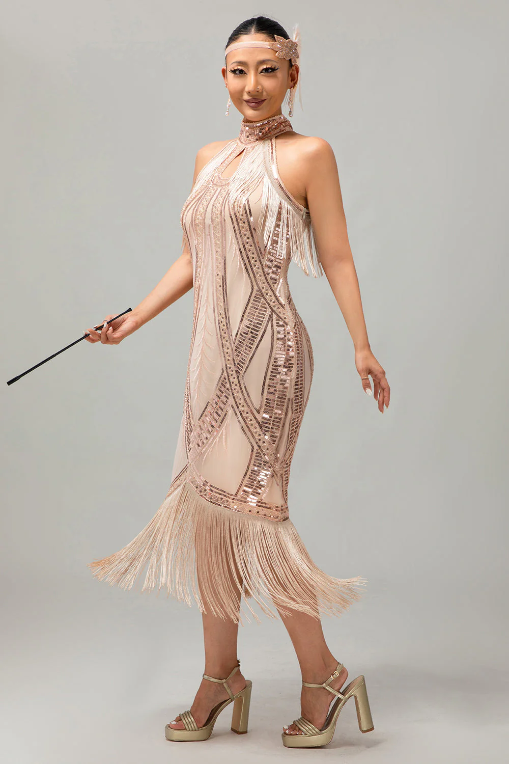 Robe champagne dos nu à paillettes à franges des années 1920 - Image 4