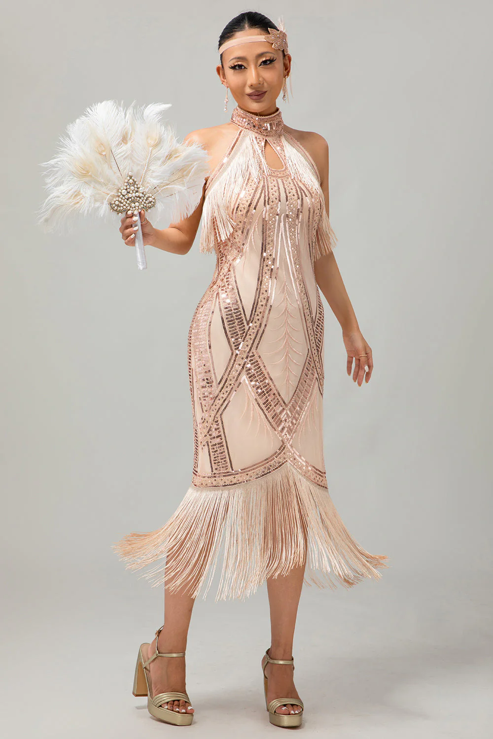 Robe champagne dos nu à paillettes à franges des années 1920 - Image 5
