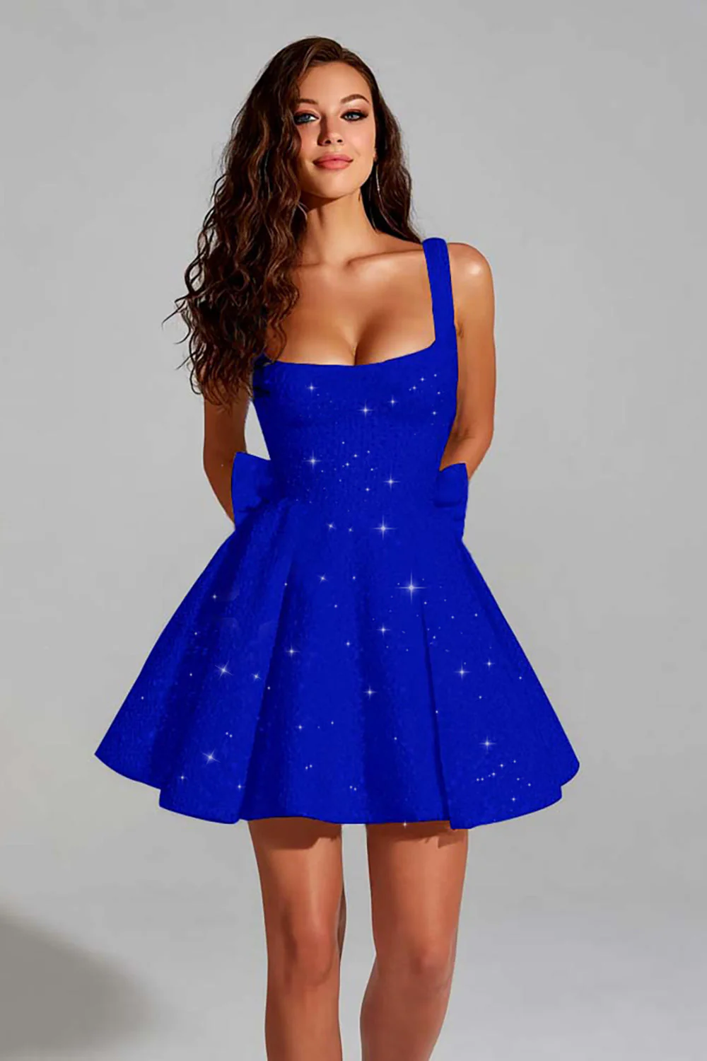 Robe courte à paillettes à col carré scintillant à paillettes avec nœud géant au dos - Image 13