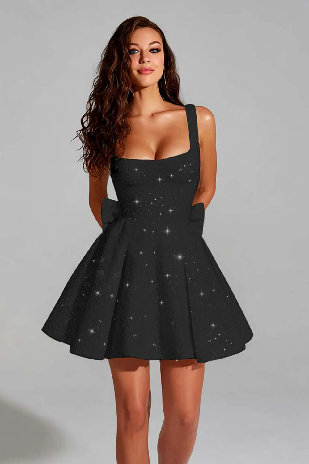 Robe courte à paillettes à col carré scintillant à paillettes avec nœud géant au dos - Image 4