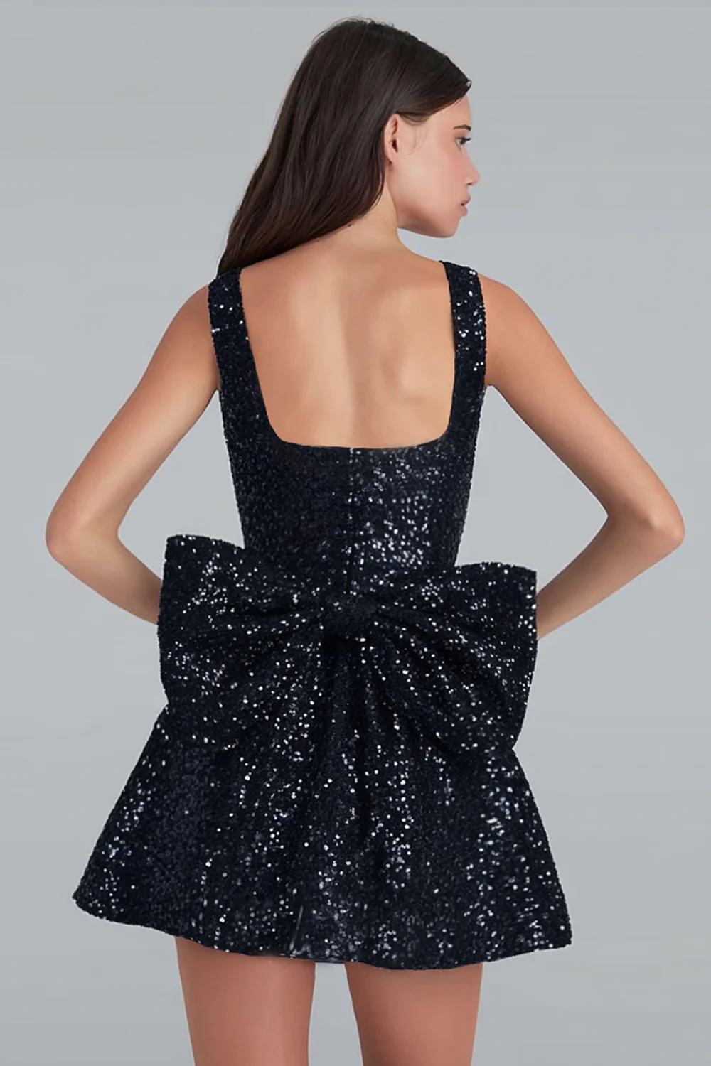 Robe courte à paillettes à col carré scintillant à paillettes avec nœud géant au dos - Image 5