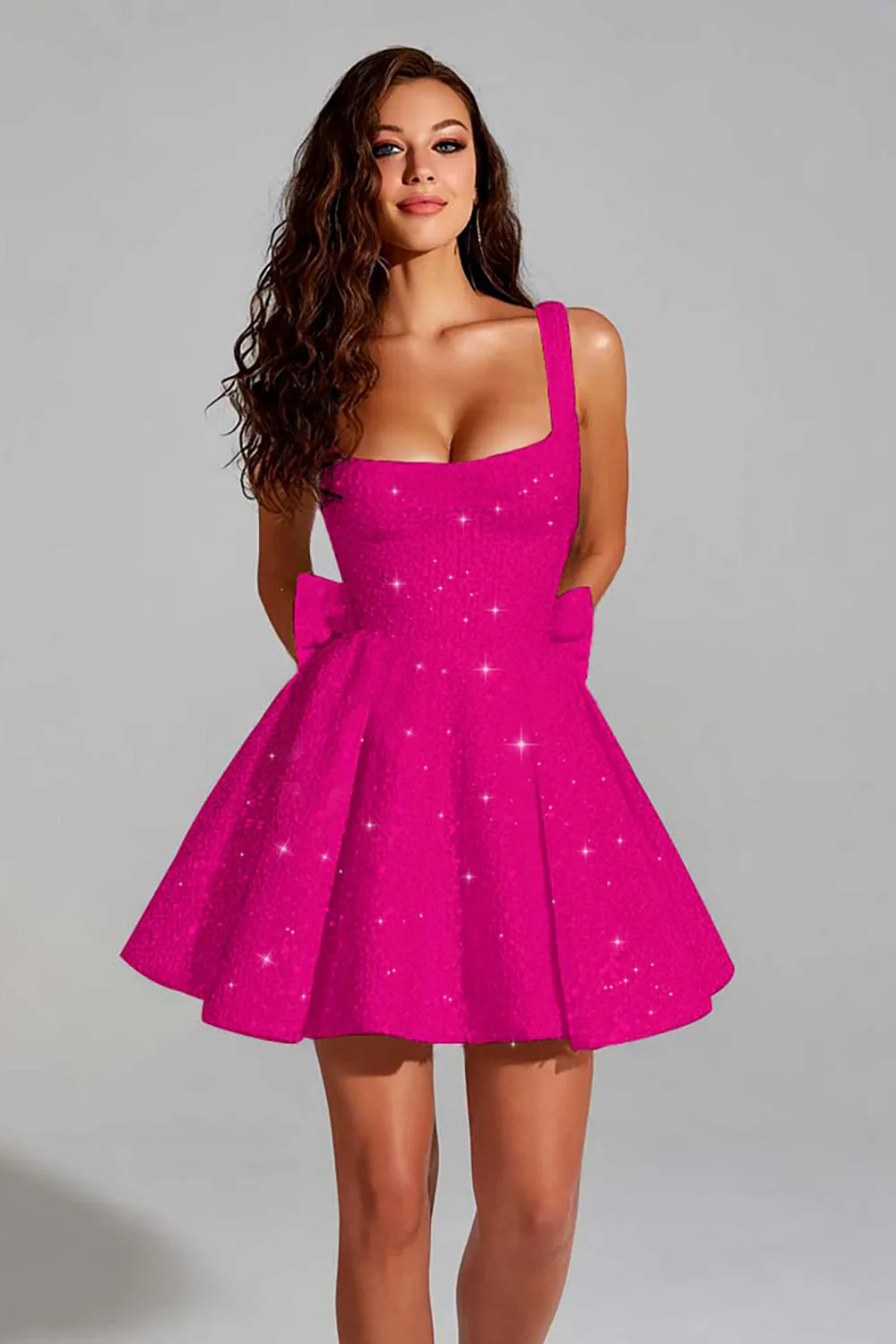Robe courte à paillettes à col carré scintillant à paillettes avec nœud géant au dos - Image 7