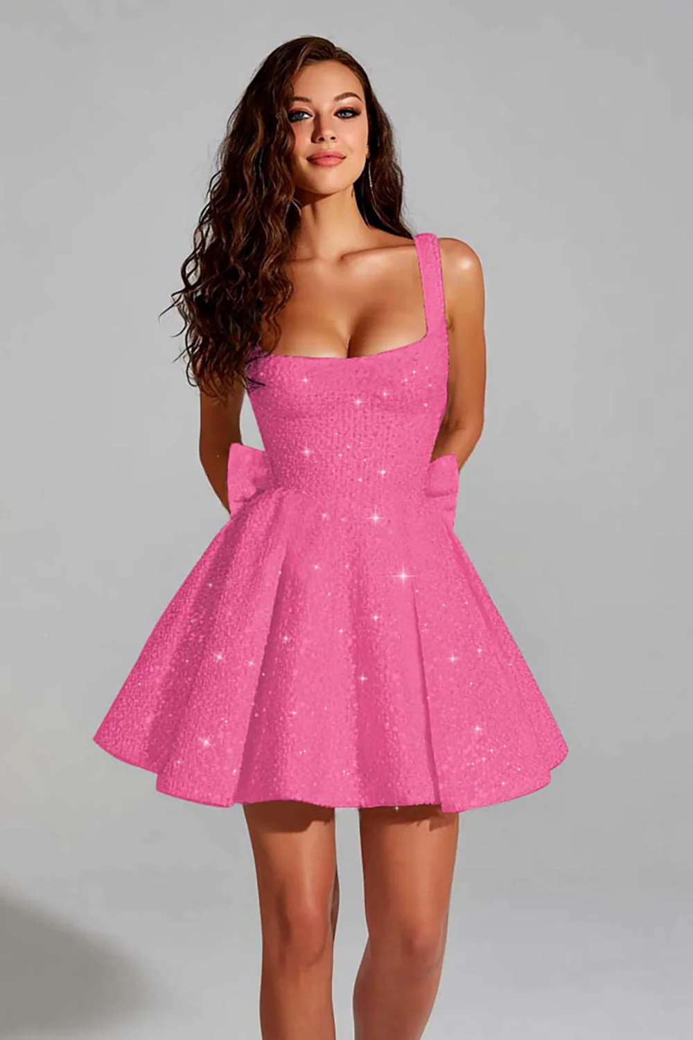 Robe courte à paillettes à col carré scintillant à paillettes avec nœud géant au dos - Image 8