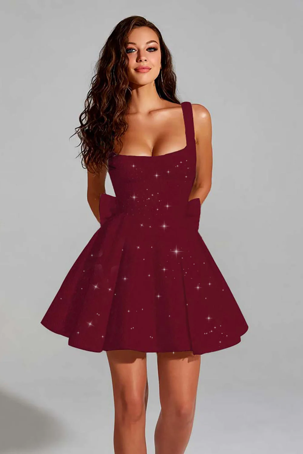 Robe courte à paillettes à col carré scintillant à paillettes avec nœud géant au dos - Image 9