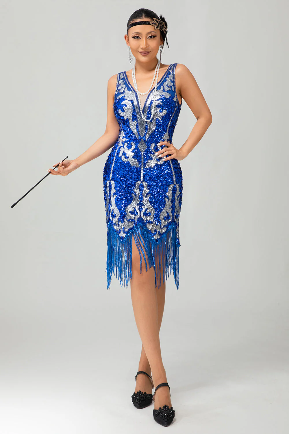 Robe Gatsby années 20 bleu royal courte à franges et paillettes - Image 5