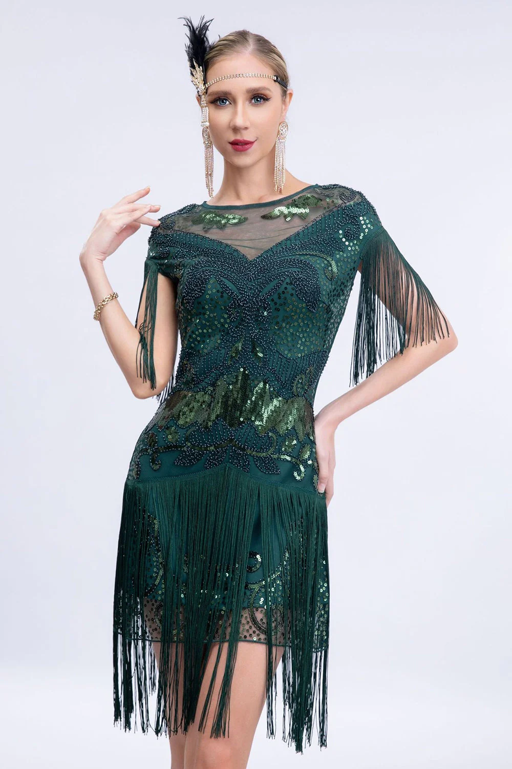 Robe courte à paillettes grises des années 1920 avec franges - Image 5