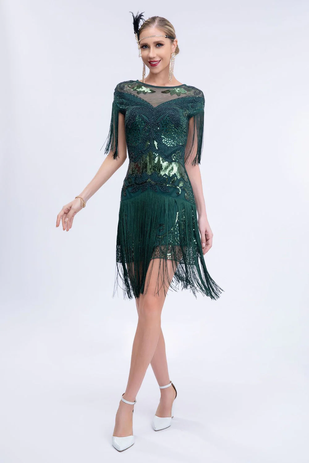 Robe courte à paillettes grises des années 1920 avec franges - Image 6