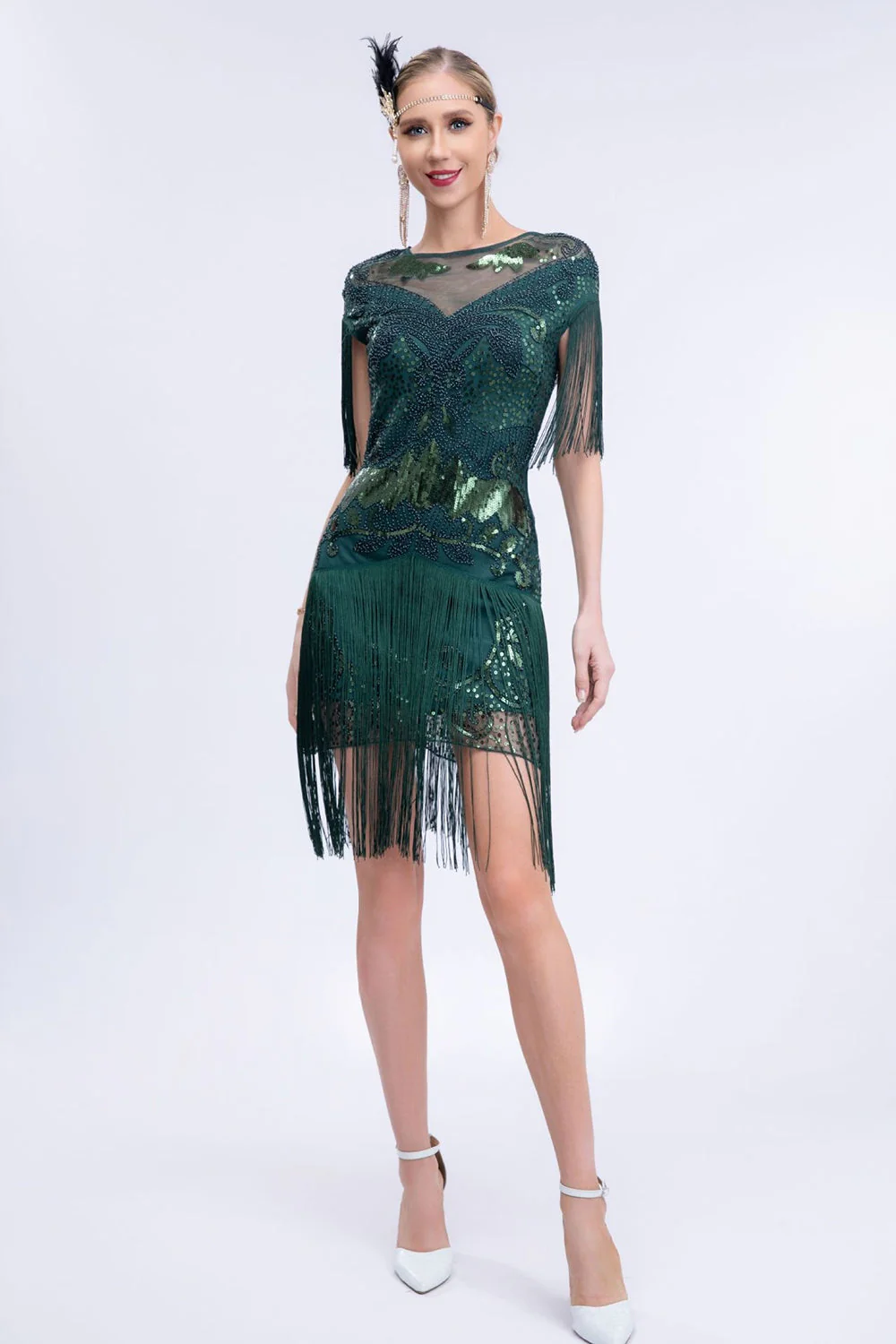 Robe courte à paillettes grises des années 1920 avec franges - Image 7