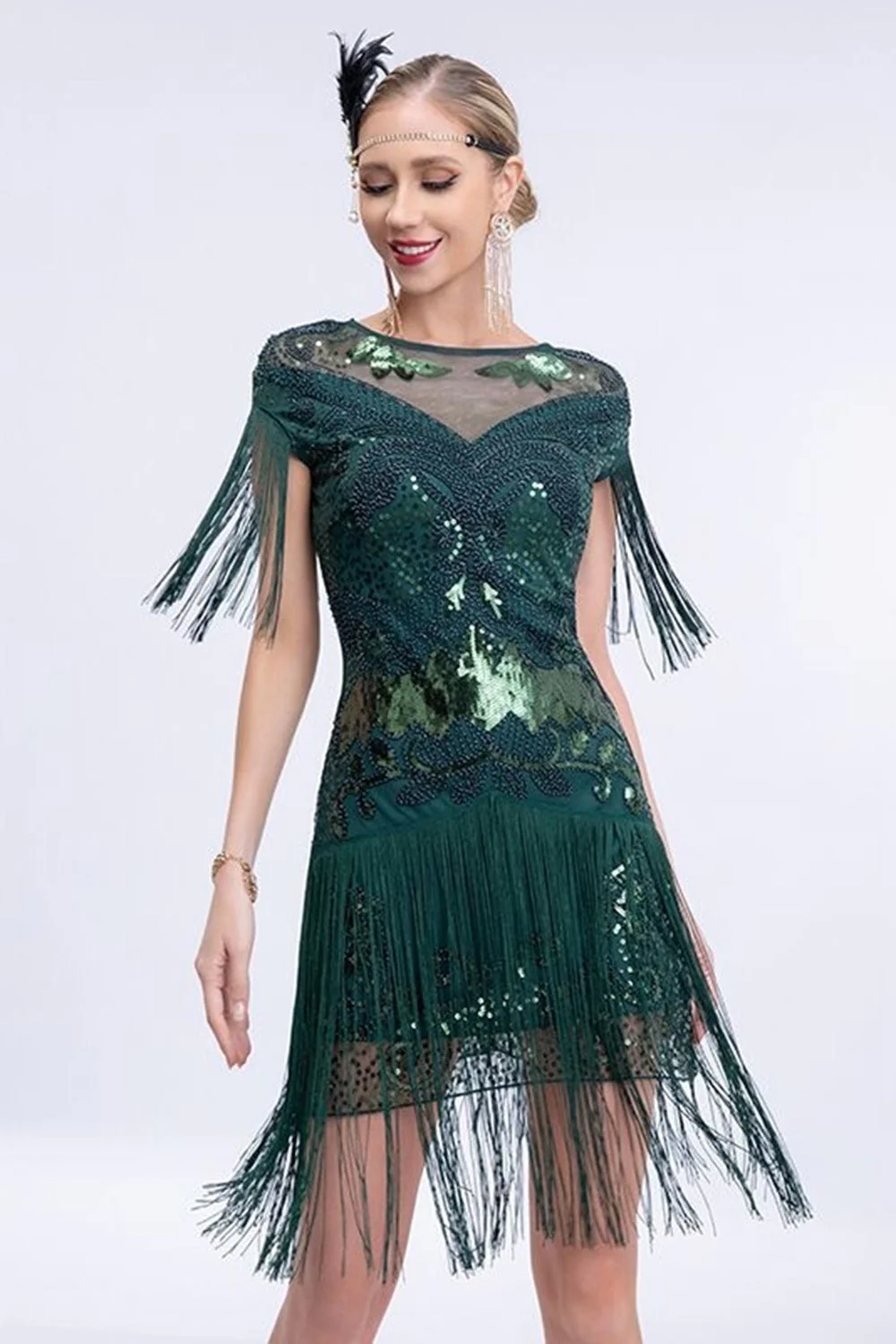 Robe courte à paillettes grises des années 1920 avec franges - Image 8