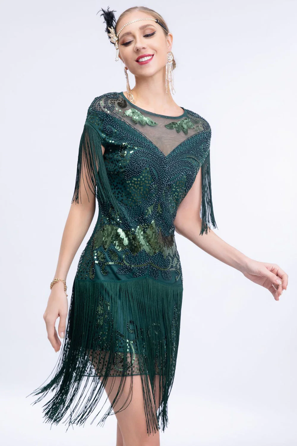 Robe courte à paillettes grises des années 1920 avec franges - Image 9