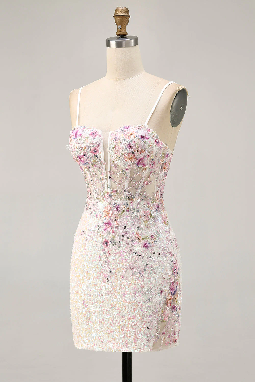 Robe courte à sequins floraux scintillants blancs pour les retrouvailles - Image 3