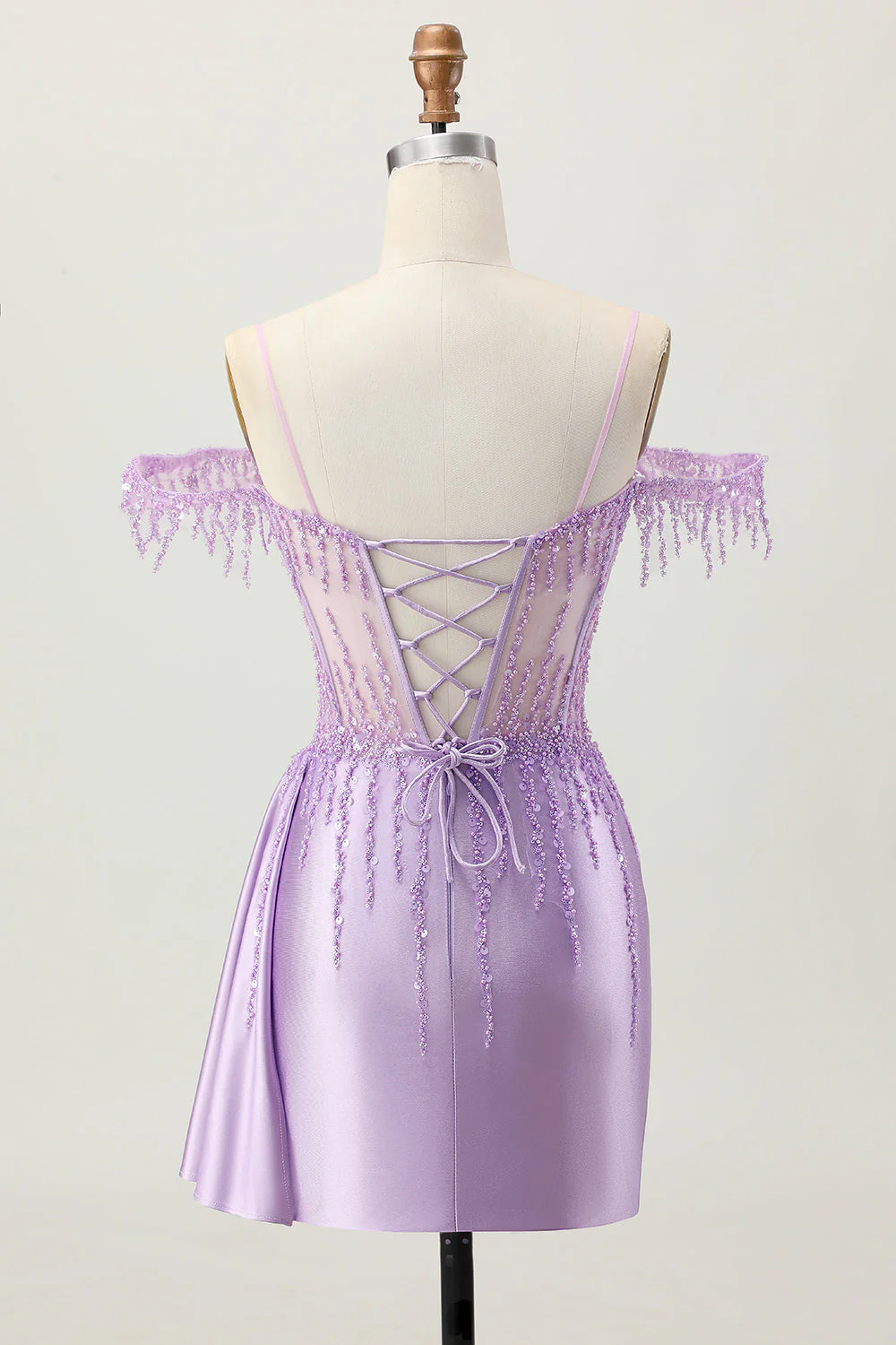 Robe courte corset perlée à paillettes lilas à épaules dénudées - Image 2