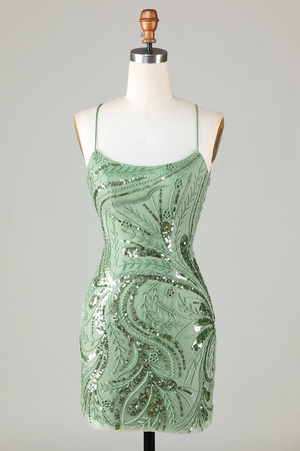 Robe courte de bal à bretelles spaghetti vert scintillant avec dos croisé - Image 7