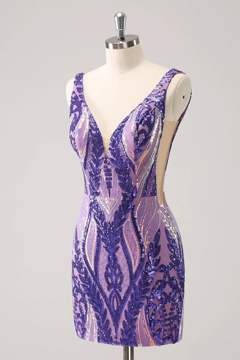 Robe de soirée Court à col en V moulante bleue scintillante avec paillettes - Image 10