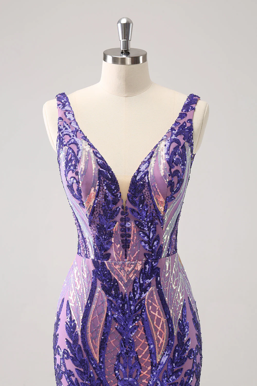 Robe de soirée Court à col en V moulante bleue scintillante avec paillettes - Image 11