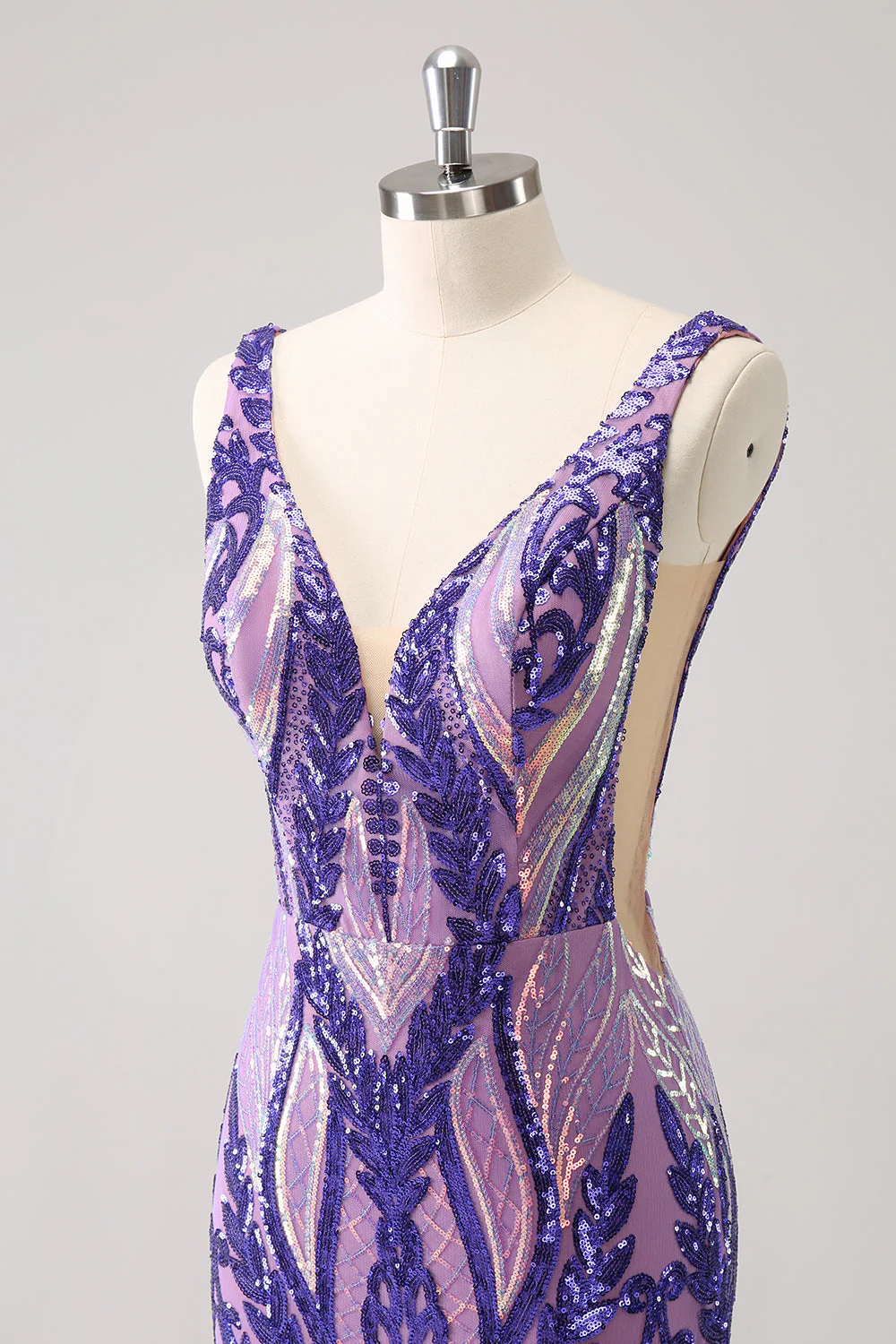 Robe de soirée Court à col en V moulante bleue scintillante avec paillettes - Image 13