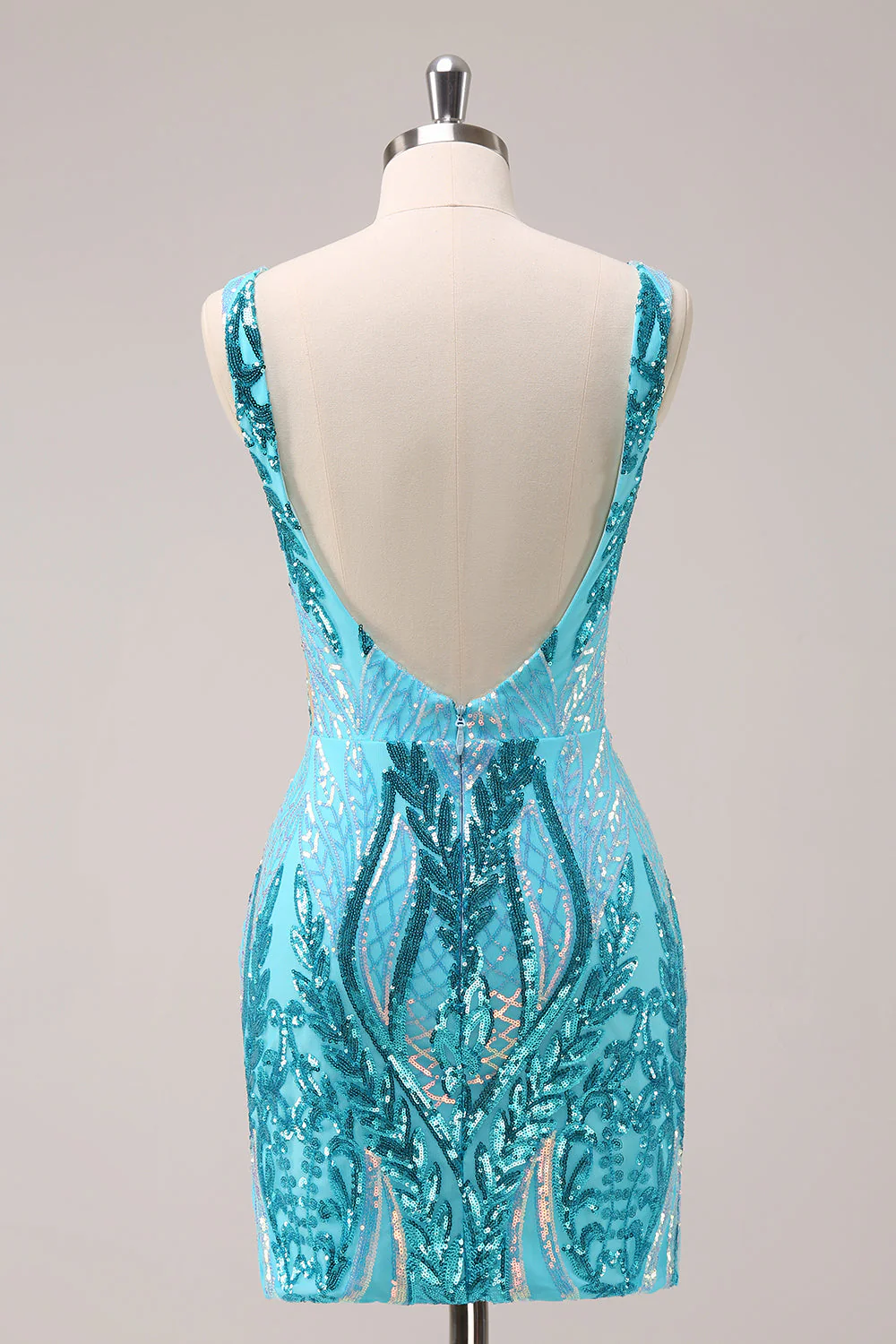 Robe de soirée Court à col en V moulante bleue scintillante avec paillettes - Image 2