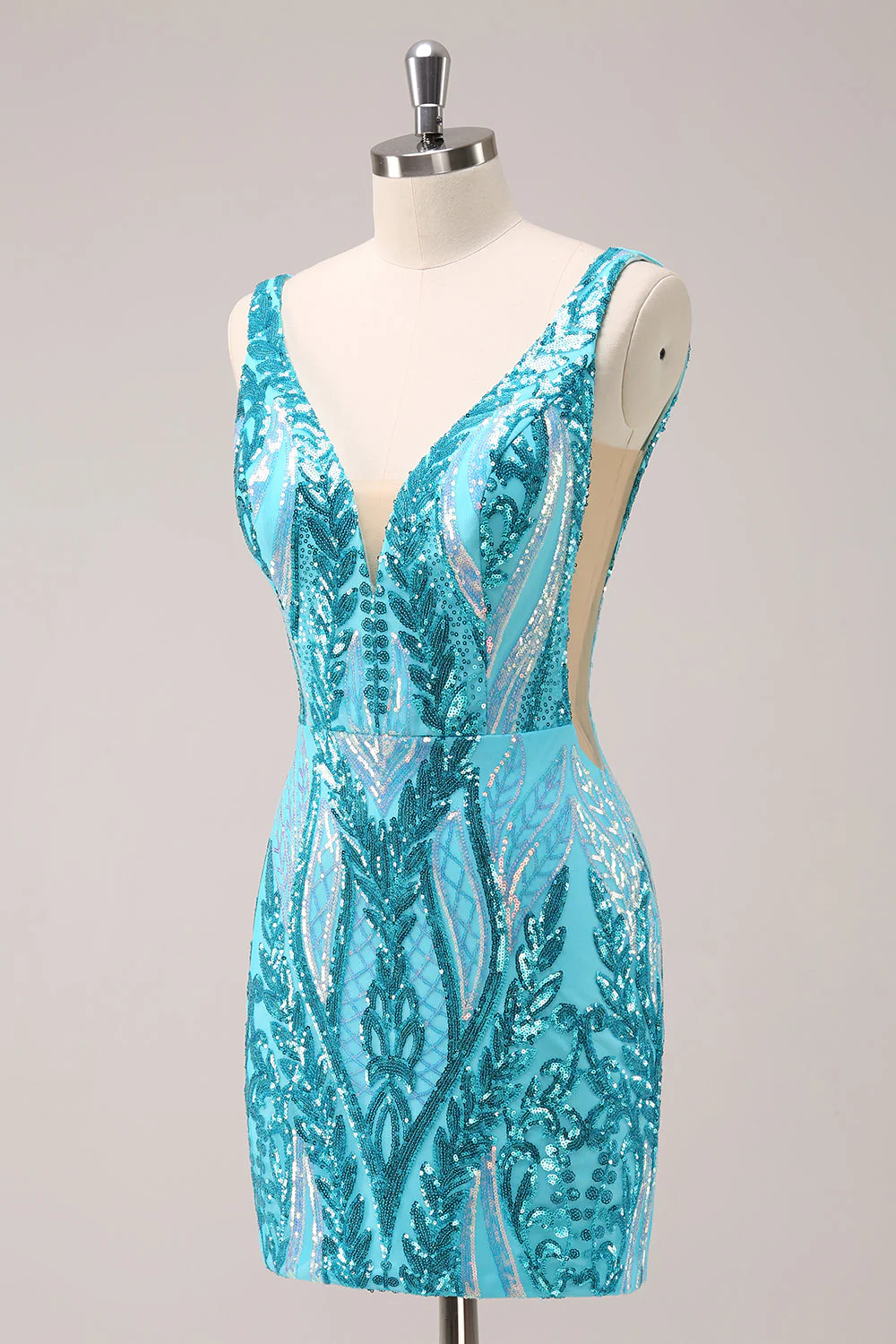 Robe de soirée Court à col en V moulante bleue scintillante avec paillettes - Image 3