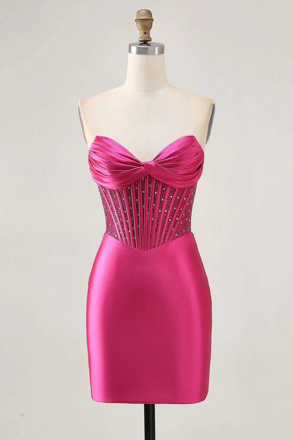 Robe courte de bal corset perlé moulant fuchsia scintillant - Image 7