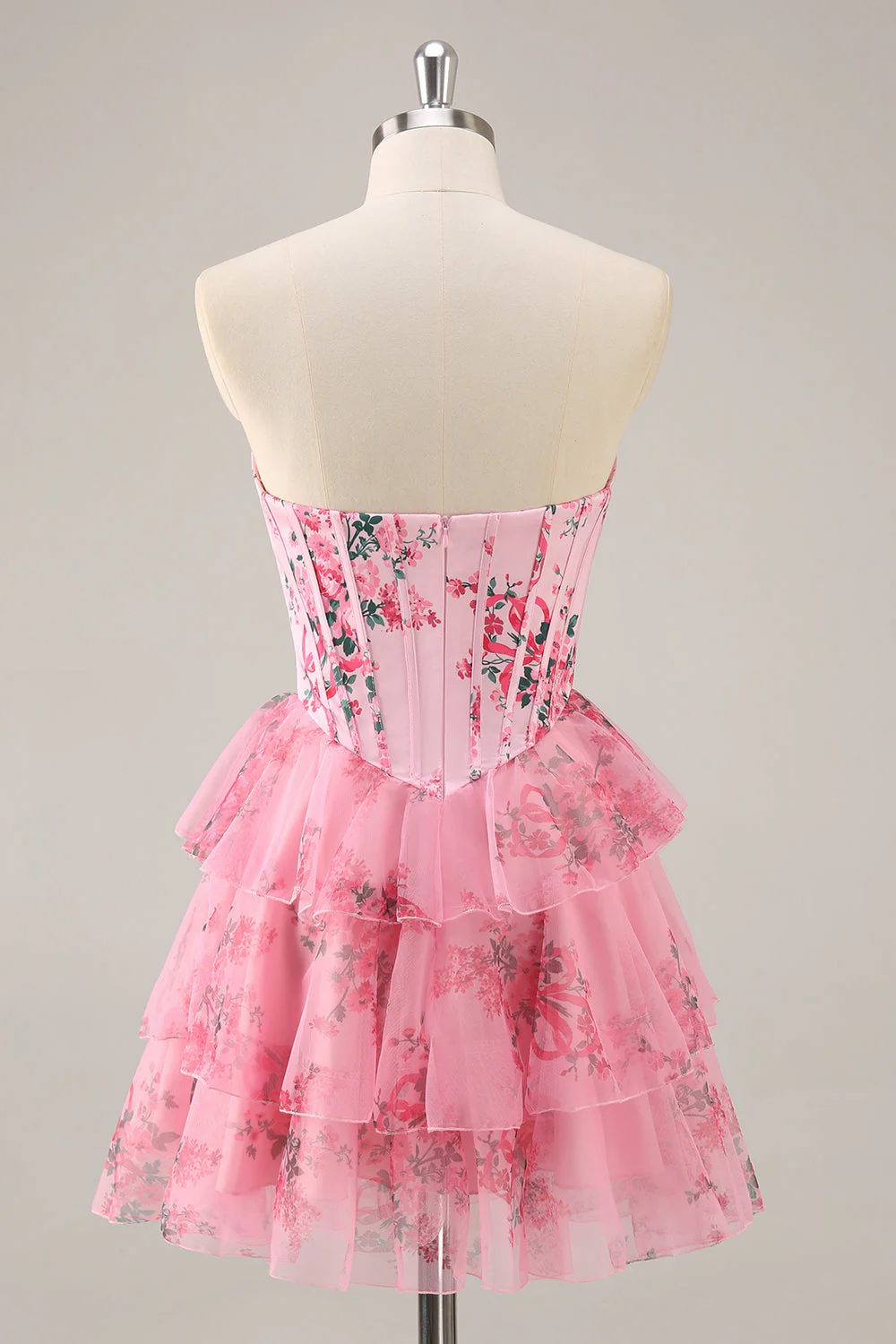 Robe de cocktail corset trapèze sans bretelles florale rose - Image 8