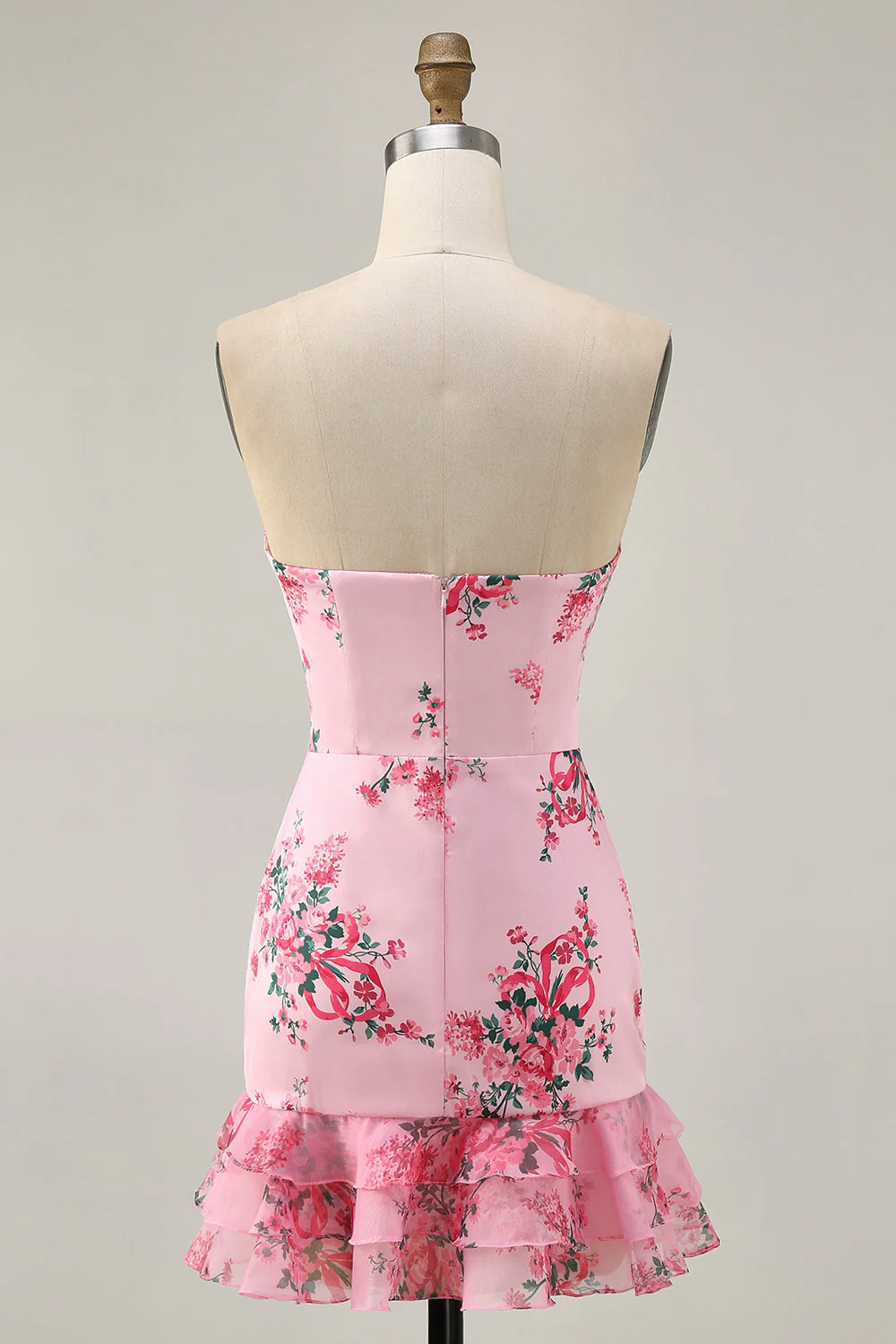 Robe courte de bal imprimée sans bretelles florale rose avec volants - Image 2