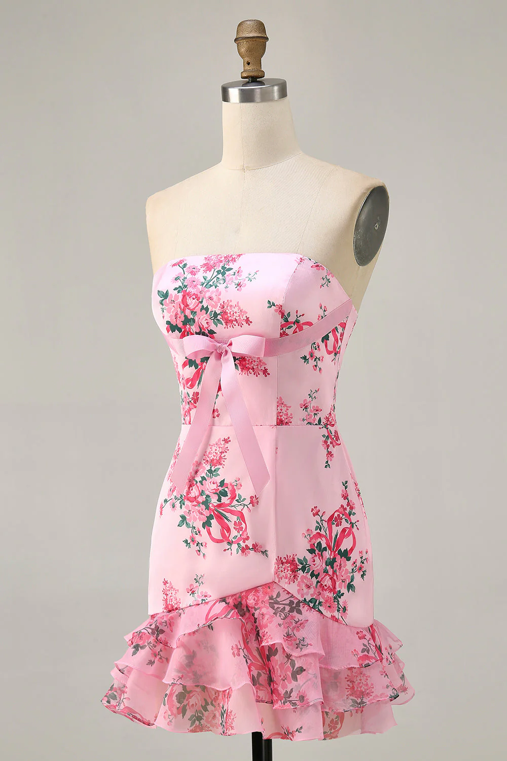 Robe courte de bal imprimée sans bretelles florale rose avec volants - Image 3