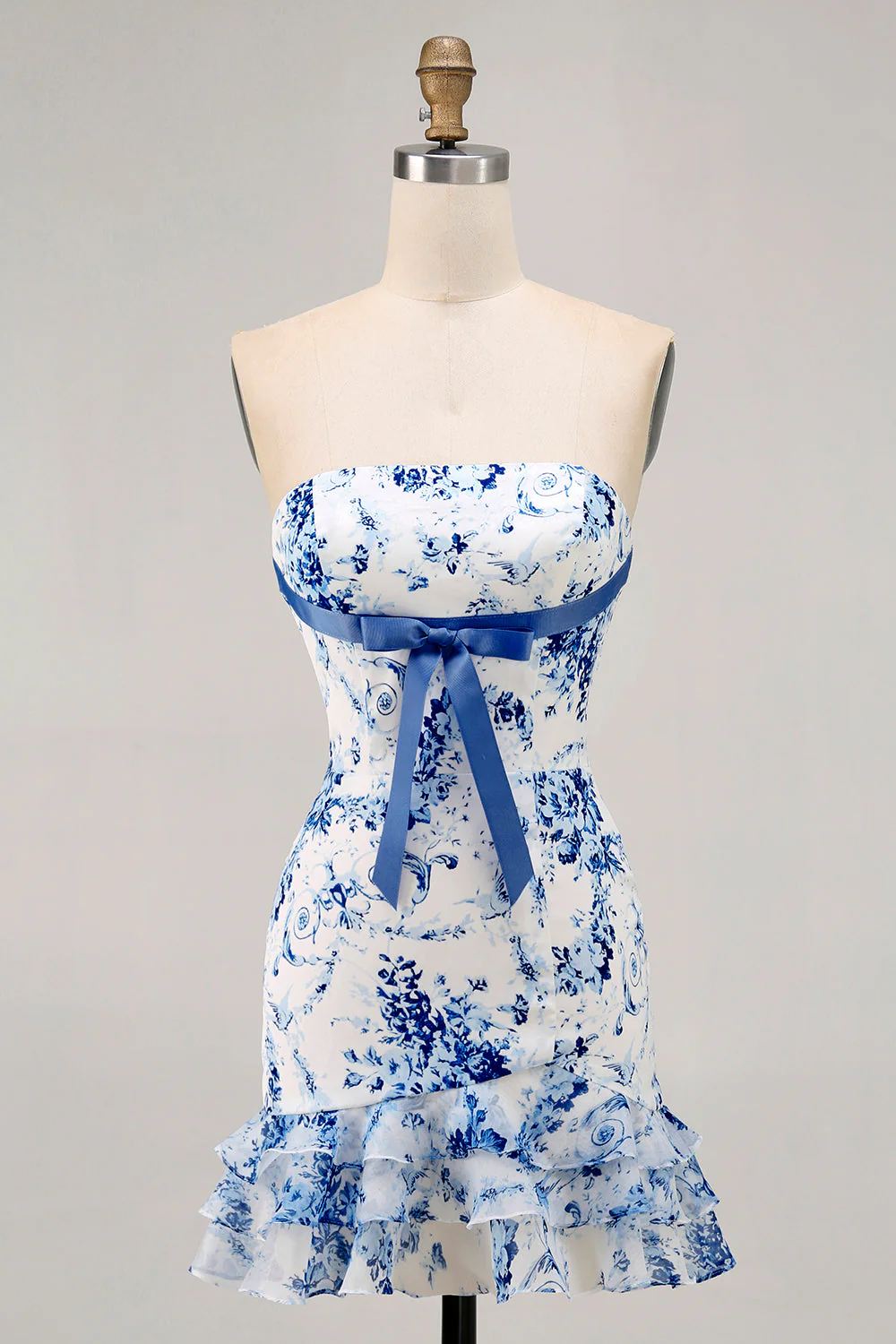 Robe courte de bal imprimée sans bretelles florale rose avec volants - Image 7