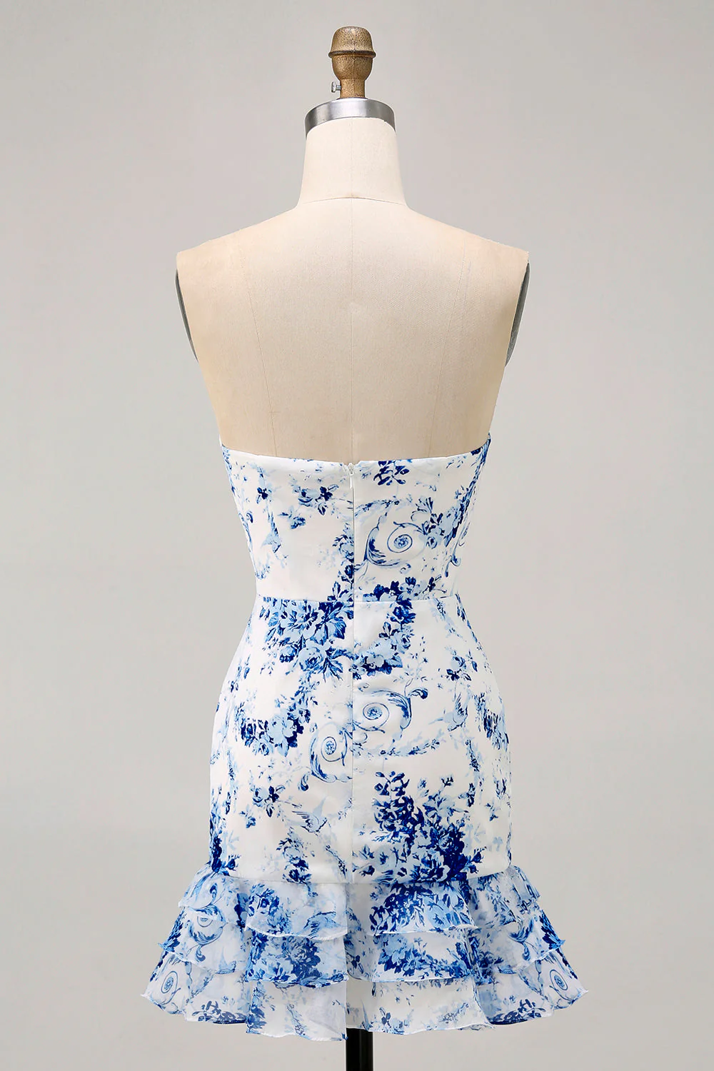 Robe courte de bal imprimée sans bretelles florale rose avec volants - Image 8