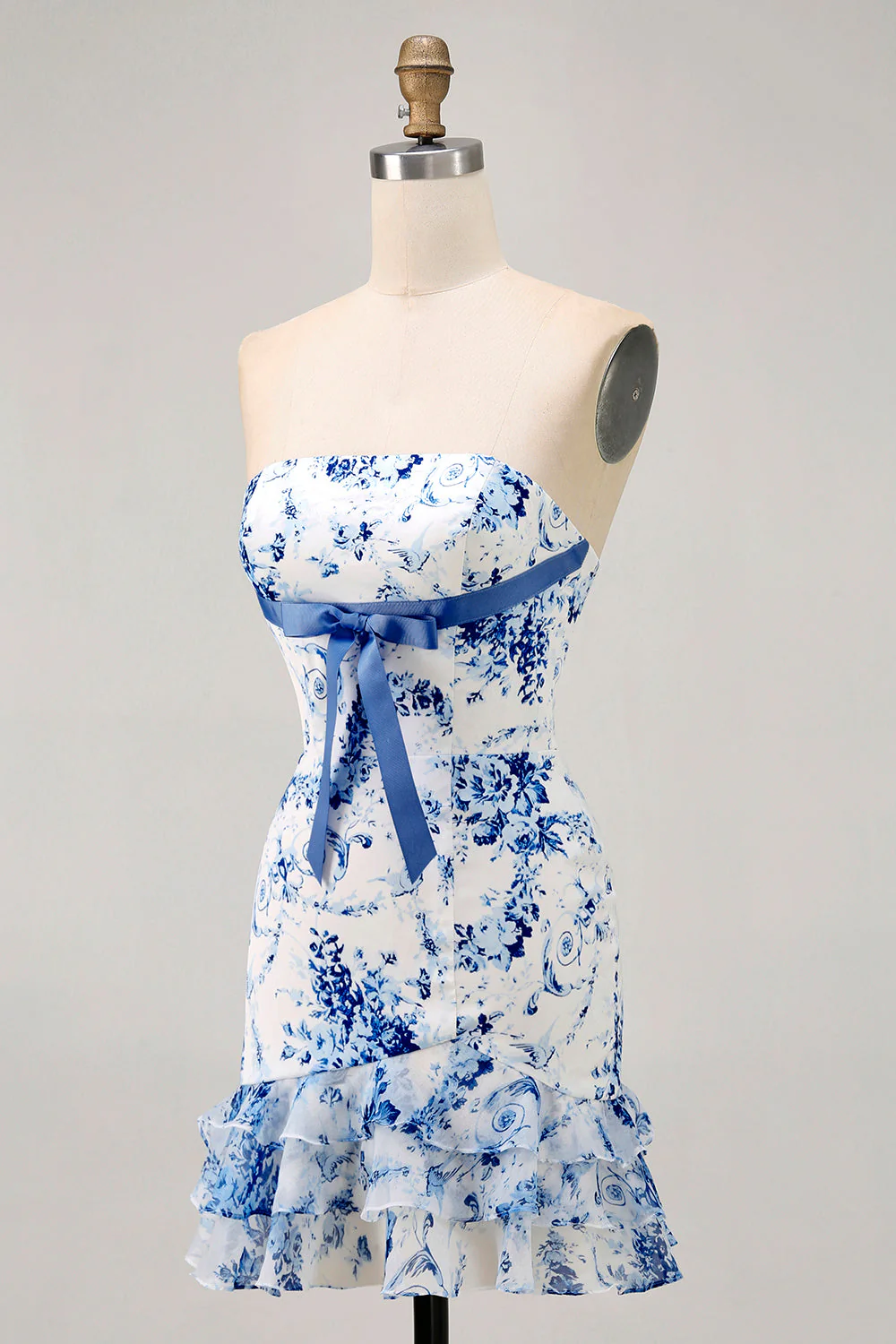 Robe courte de bal imprimée sans bretelles florale rose avec volants - Image 9