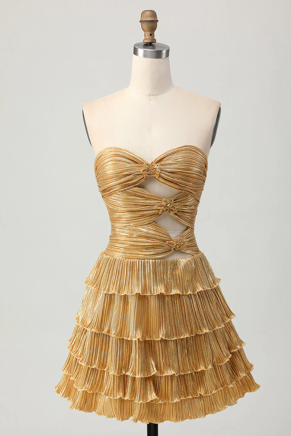 Robe de cocktail plissée plissée dorée métallisée - Image 7
