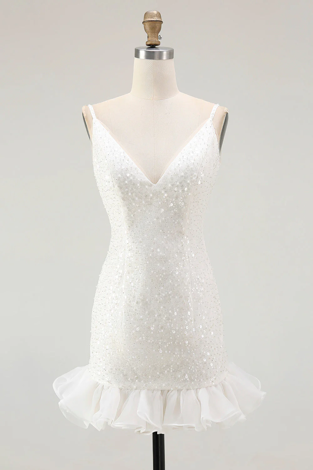 Robe courte moulante blanche à paillettes avec bretelles fines - Image 3
