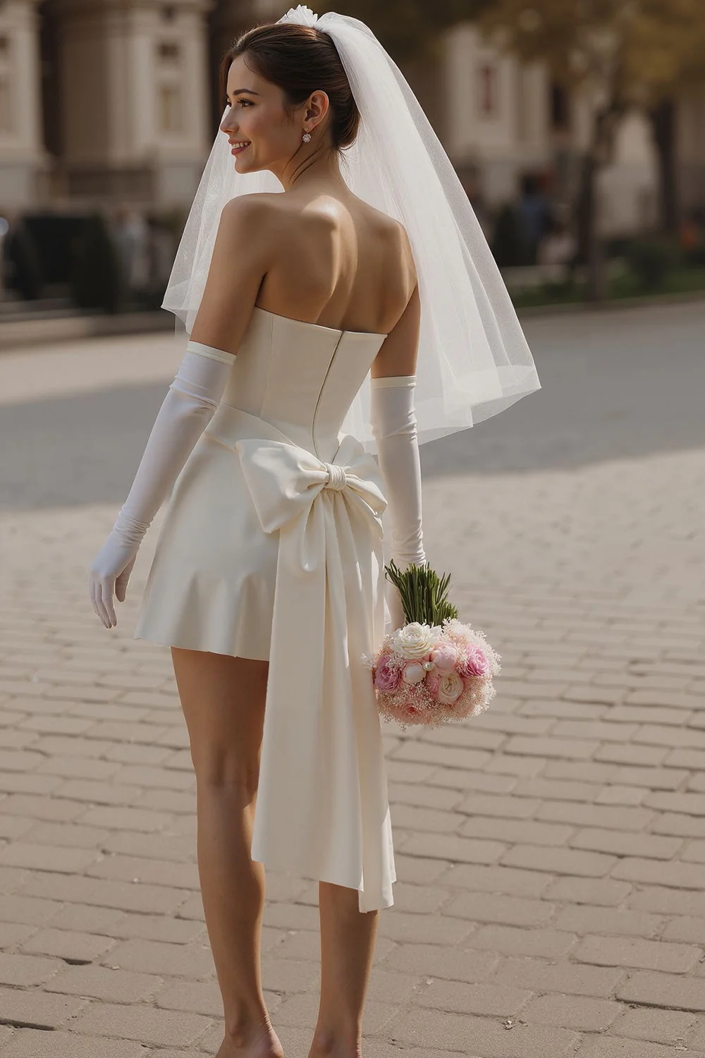 Robe courte de mariée Sweetheart Ivory Bodycon (sans gants) - Image 2