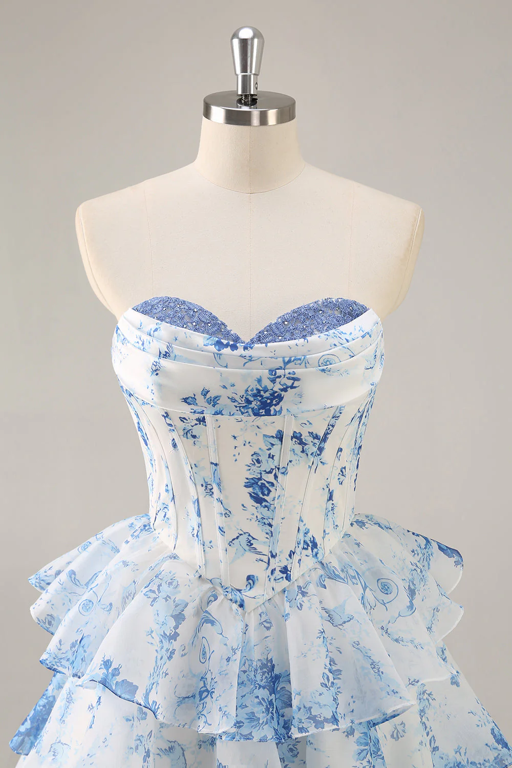 Robe courte de retour à la maison corset fleur bleu blanc - Image 4