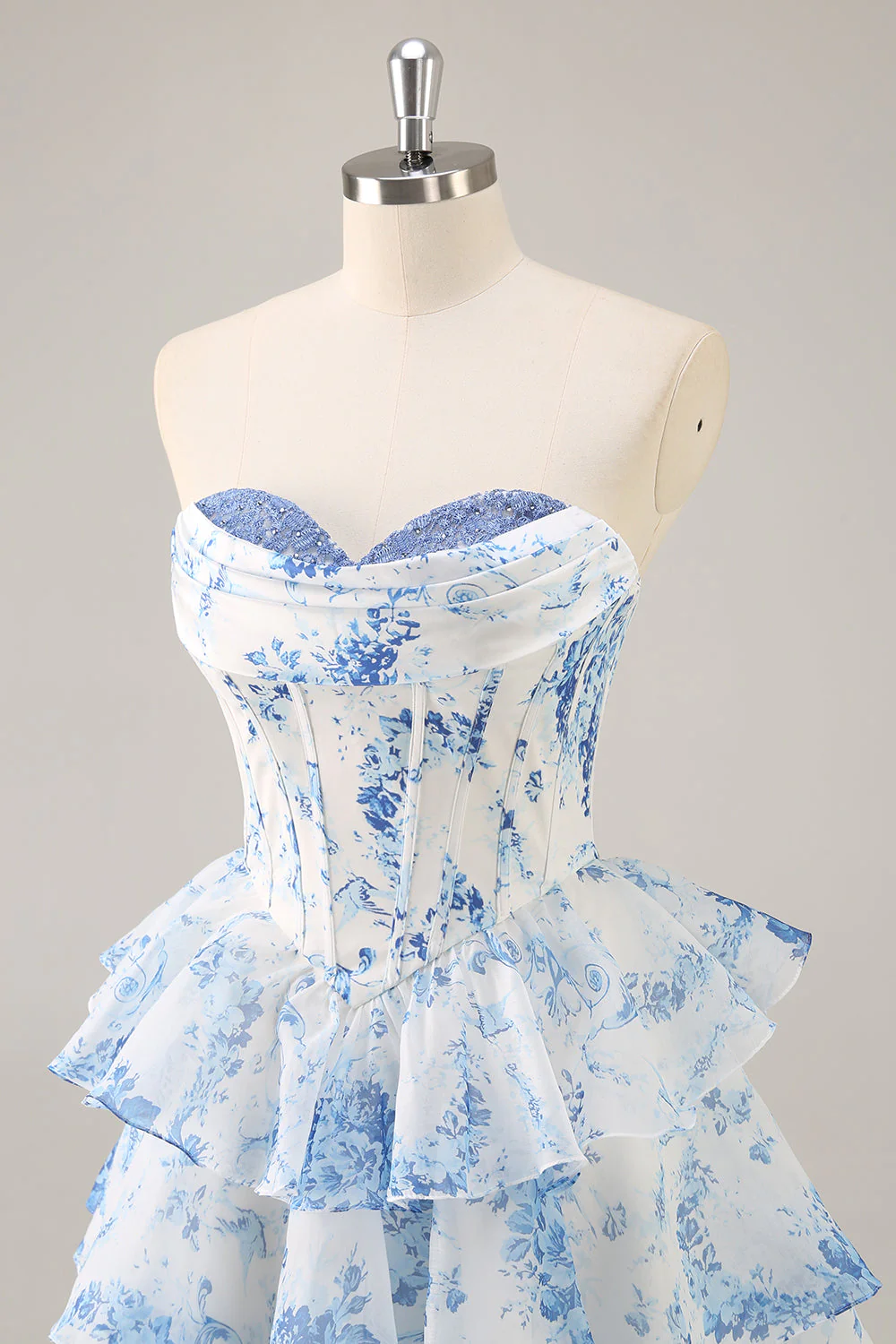 Robe courte de retour à la maison corset fleur bleu blanc - Image 6
