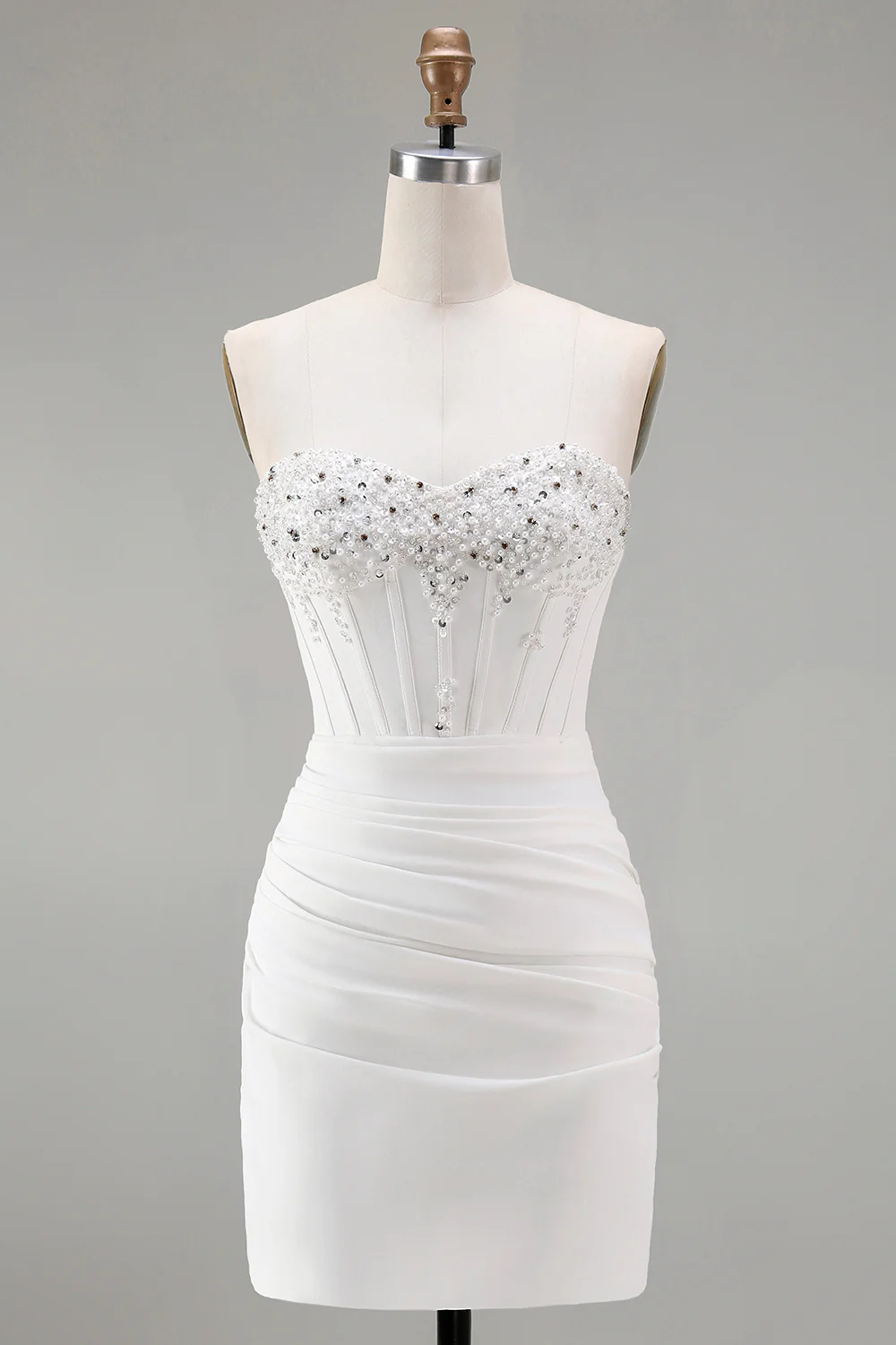 Robe de soirée Courte corset moulante blanche avec perles - Image 3