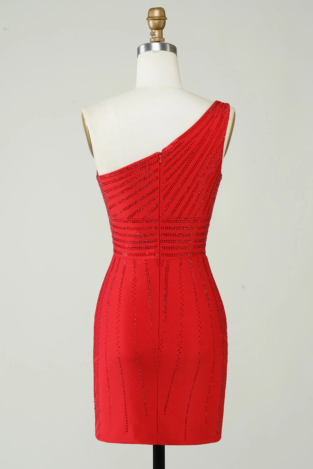 Robe courte de retour à la maison rouge à une épaule scintillante avec perles - Image 2