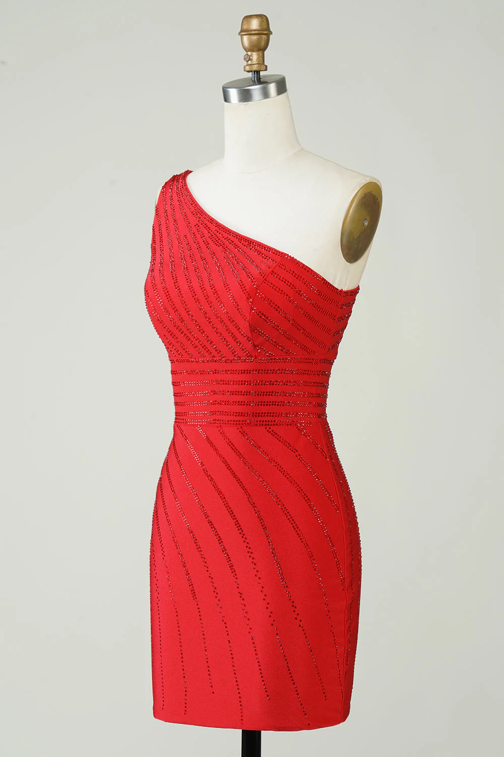 Robe courte de retour à la maison rouge à une épaule scintillante avec perles - Image 3
