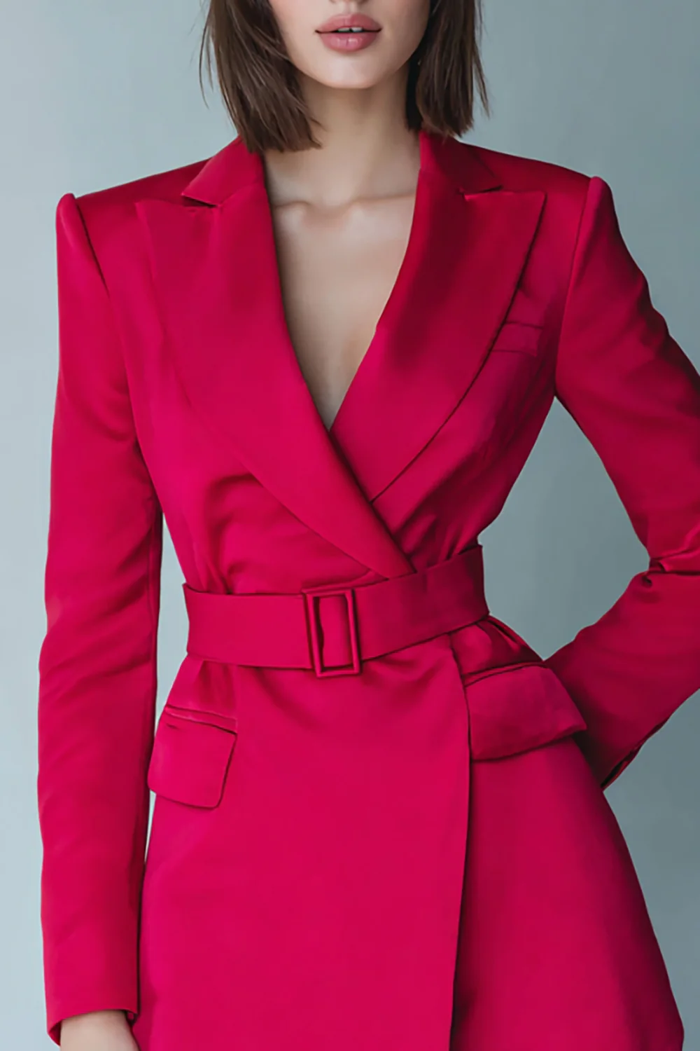 Robe courte de travail en satin fuchsia à revers en pointe - Image 2