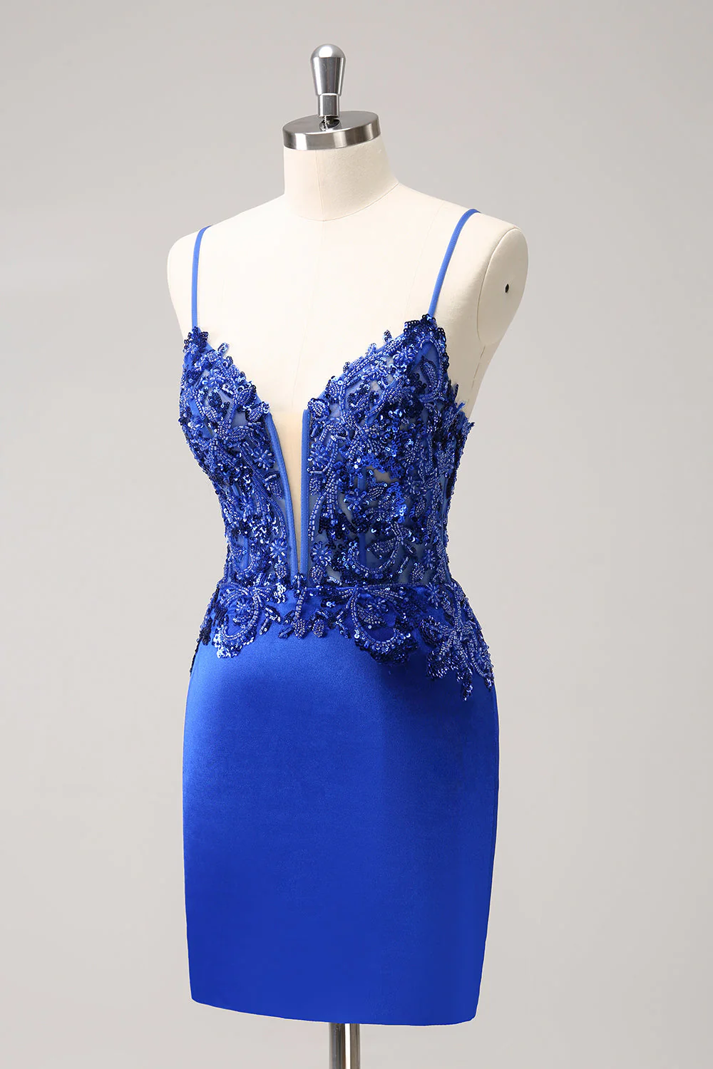 Robe de soirée Court moulante à paillettes bleu royal scintillante avec lacets dans le dos - Image 3