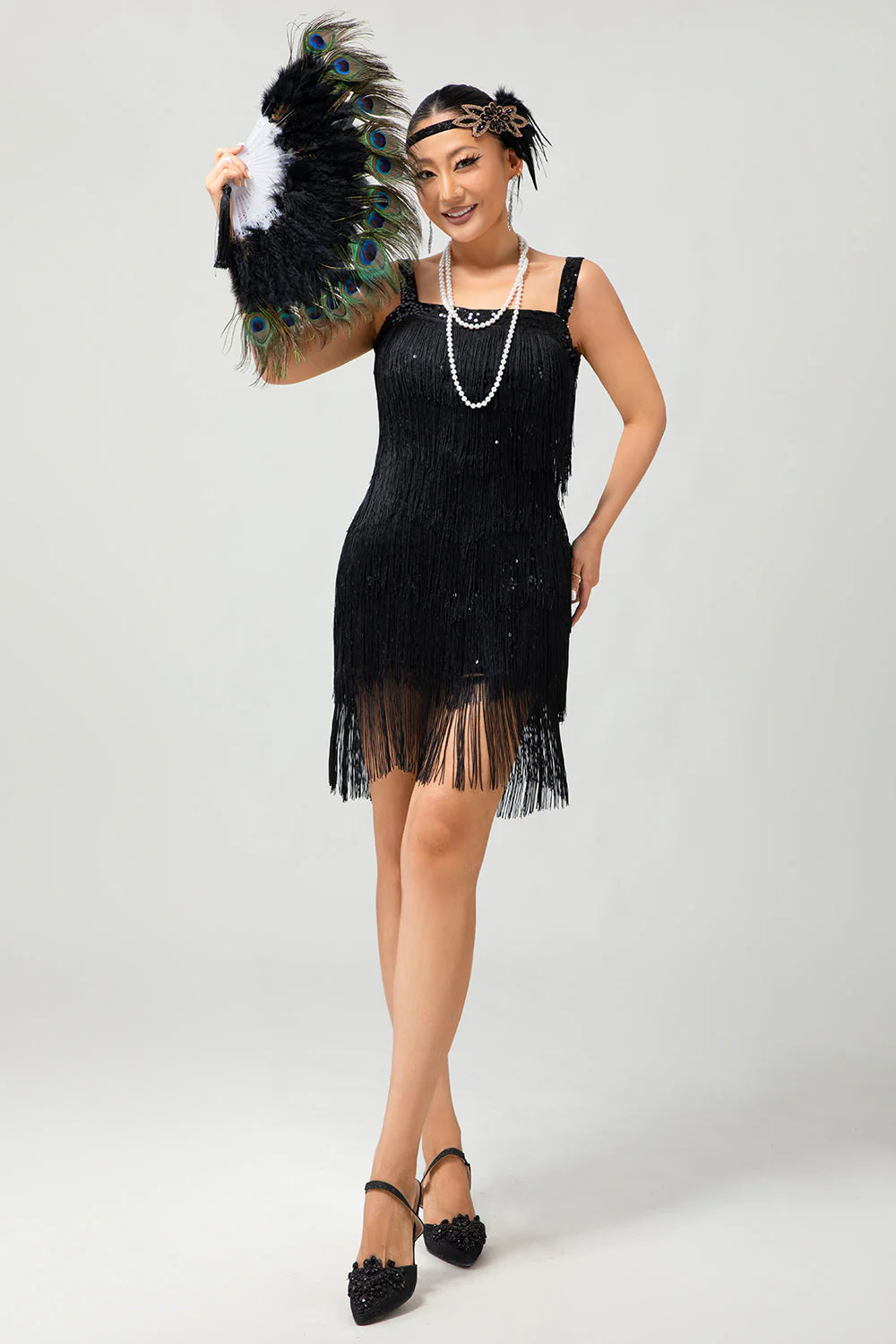 Robe courte moulante noire à sequins des années 1920 avec franges - Image 7