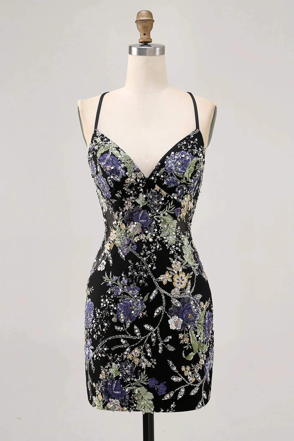 Robe courte moulante noire à fleurs avec paillettes - Image 3