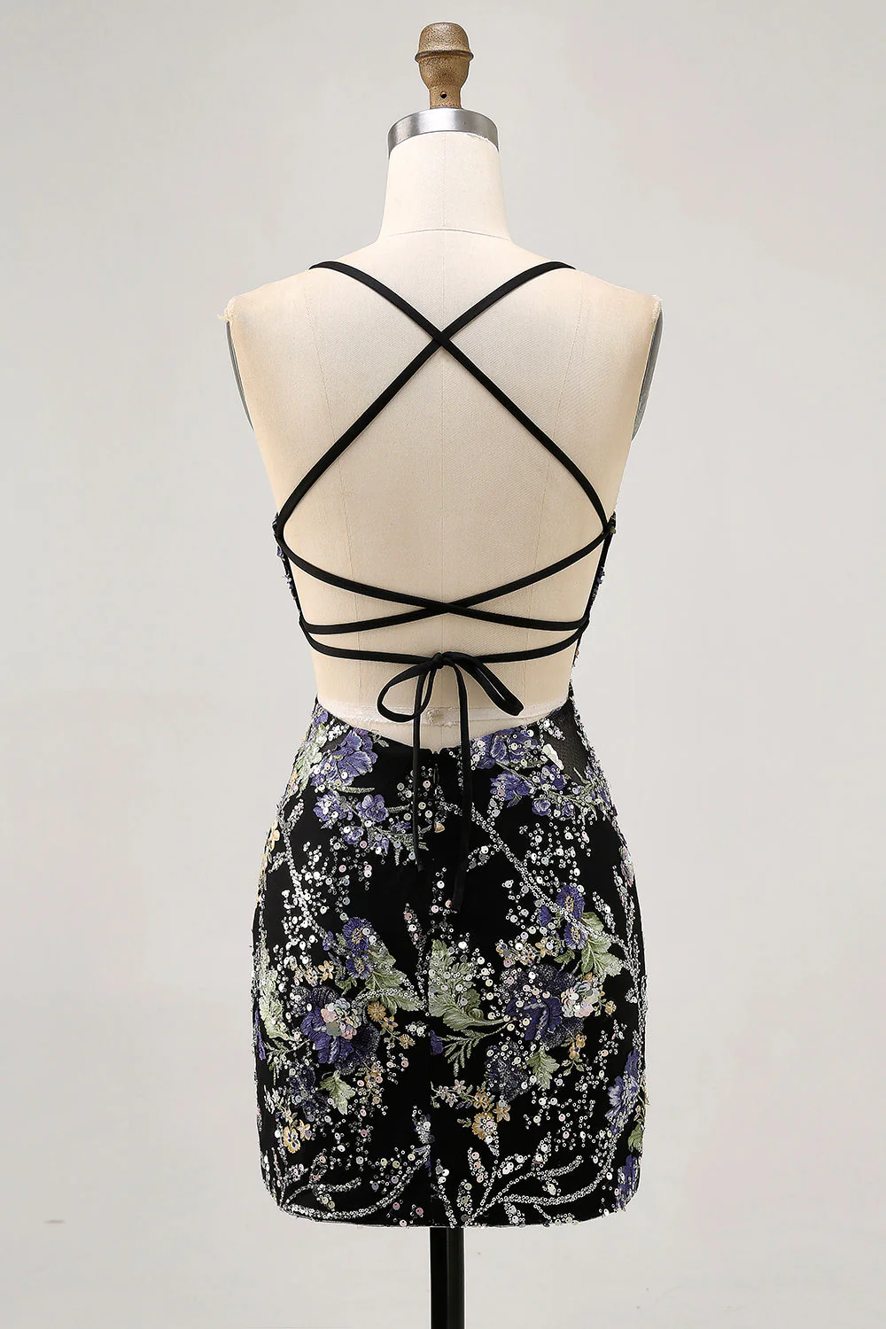Robe courte moulante noire à fleurs avec paillettes - Image 4