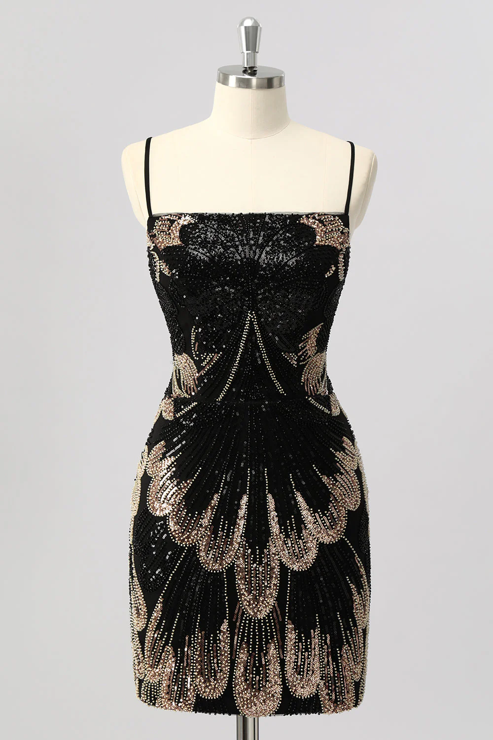 Robe courte moulante noire à sequins avec lacets dans le dos