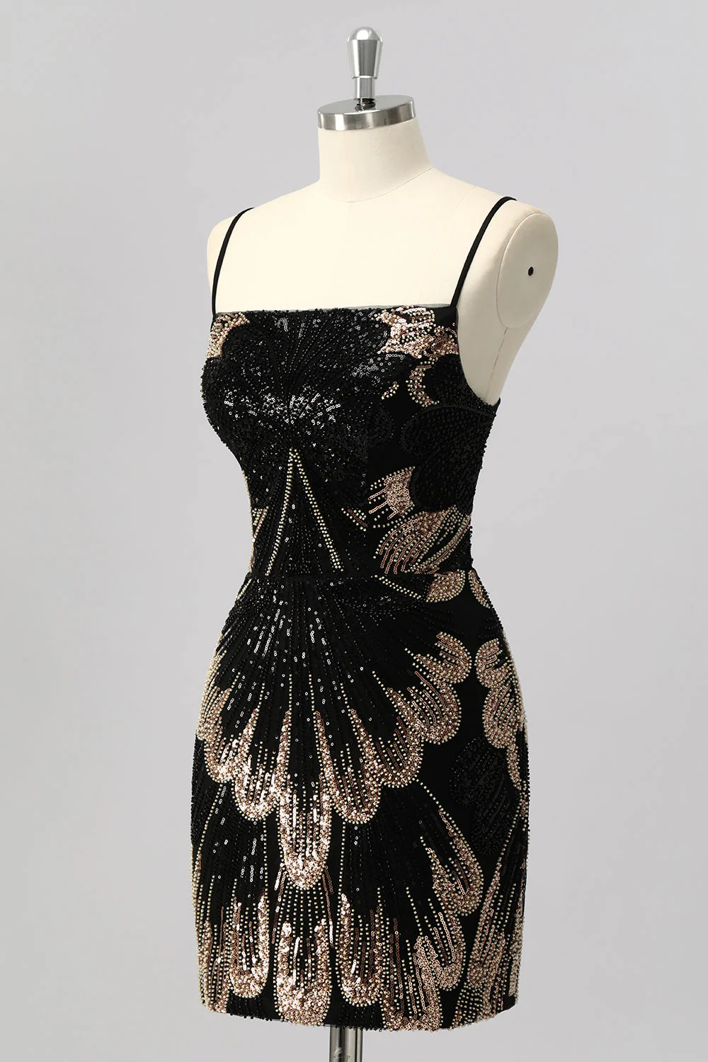 Robe courte moulante noire à sequins avec lacets dans le dos - Image 3
