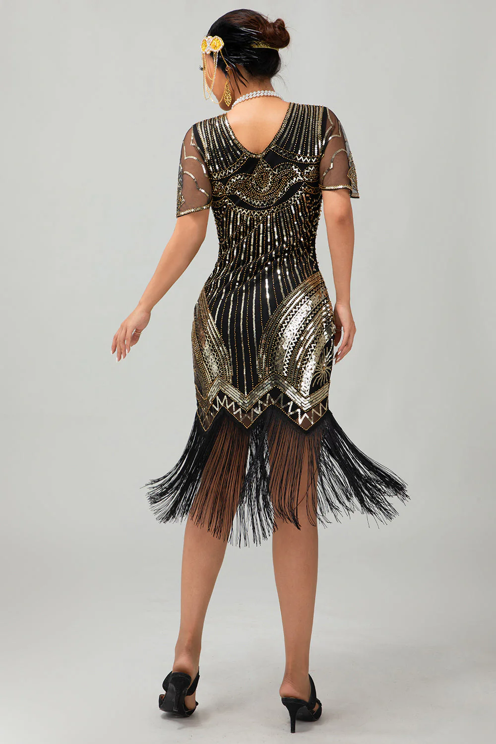 Robe courte moulante noire scintillante à franges rouges des années 1920 avec franges - Image 10