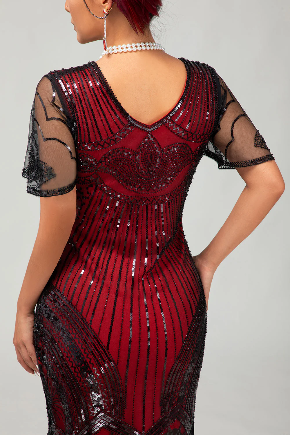 Robe courte moulante noire scintillante à franges rouges des années 1920 avec franges - Image 5